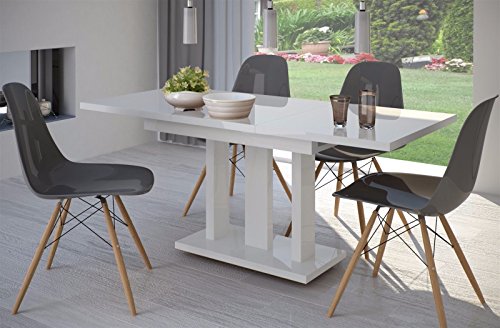 Esstisch Hochglanz Weiss ausziehbar 110cm - 160cm erweiterbar Küchentisch Auszugtisch Säulentisch