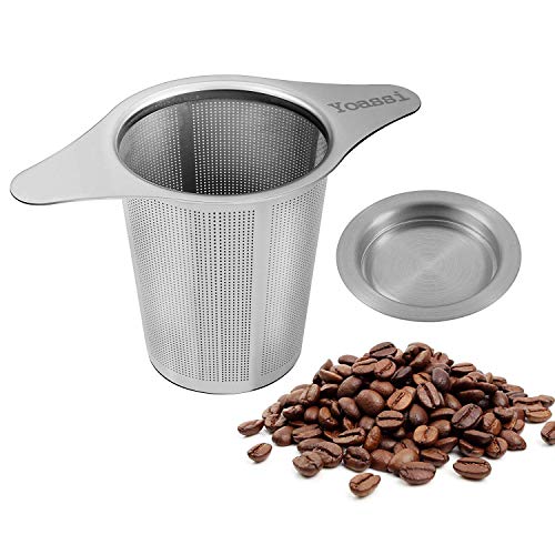 Yoassi Kaffeefilter Edelstahl Dauerfilter Wiederverwendbar Handfilter Teesieb für Tasse mit Doppel-Griff und Abtropfschale/Deckel für Kanne/Teekanne/Kaffeekanne/Töpfe