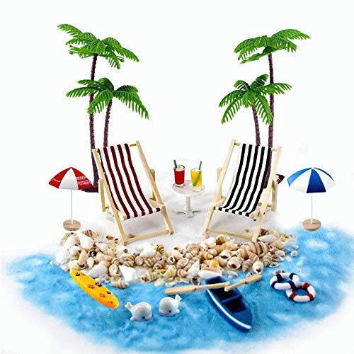 Gallop Chic Strand-Mikrolandschaft Miniliegestuhl Strandkorb Sonnenschirm Kleine Palme Deko Accessoires, 16 Stück Miniatur-Ornament-Set für DIY, Zen Garten Dekoration, Einzigartiges Geschenk
