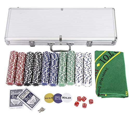 COSTWAY Pokerset mit 500 Laser-Chips | Pokerkoffer Alu | Pokerchips | Poker Komplett Set | Pokerkoffer mit Tuch /2 Pokerdecks