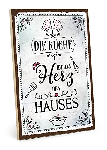 TypeStoff Holzschild mit Spruch – Küche – im Vintage-Look mit Zitat als Geschenk und Dekoration zum Thema Familie, Herz und Kochen - HS-00898