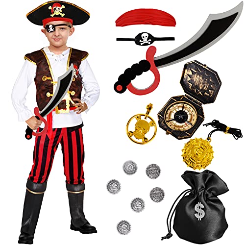 Tacobear Piratenkostüm Kinder Jungen mit Piraten Zubehör Set Piraten Hut Augenklappe Kompass Geldbeutel Ohrring Piraten Kapitän Karneval Fasching Kostüm für Kinder Jungen (L, 142-147)