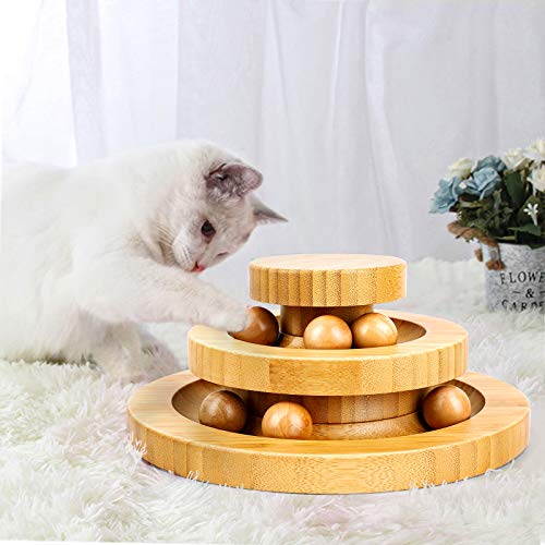 Smyidel Interactive Katzenspielzeug aus Holz, zweilagig drehbar Smart Track Ball Schaukelrolle Geschenke Interactive (Bamboo)