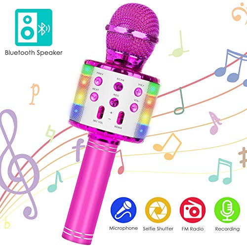 Drahtloses Bluetooth-Karaoke-Mikrofon, tragbarer 5-in-1-Handheld-Mikrofon-Lautsprecher-Player-Recorder mit steuerbaren LED-Leuchten, einstellbares Remix-FM-Radio (Rosa)