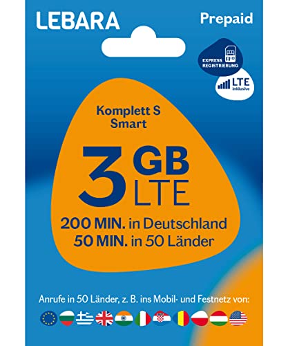 Lebara Mobile Prepaid SIM Karte Komplett S Smart ohne Vertrag| 3 GB Datenvolumen inkl. LTE & 200 Min innerhalb Deutschland + 50 Freiminuten in 50 Länder…