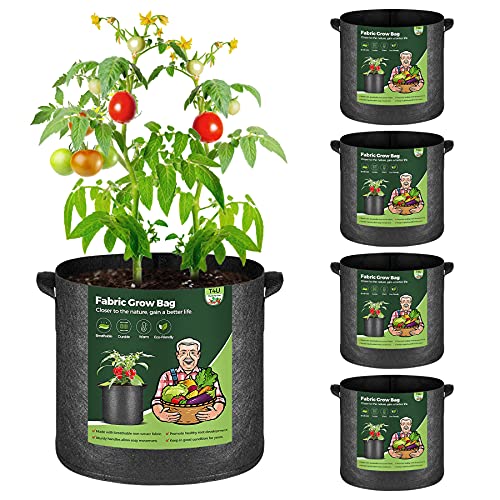 T4U 5 Stück 26L Pflanzsäcke aus Vliesstoff, 7 Gallonen Ф34cm Pflanztasche Pflanzgefäß mit Tragegriffe, Wiederverwendbar Pflanzbehälter Garten Wachsende Tasche für Kartoffeln Tomaten, Blumen