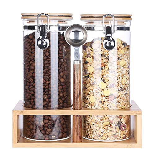 KKC Kaffeebohnen Behälter für 1kg Bohnen - Kaffeedose Luftdicht Glas für 1kg Bohnen - Kaffee Vorratsdosen Glas mit Löffel für 1kg Kaffeebohnen Luftdicht - 1500 ml - 2er Set