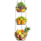 DEKOFY® Obstkorb hängend - Stilvoller Obst Hängekorb mit längerer Kette [130cm] und Echtholzboden - Hängekorb Küche Schwarz