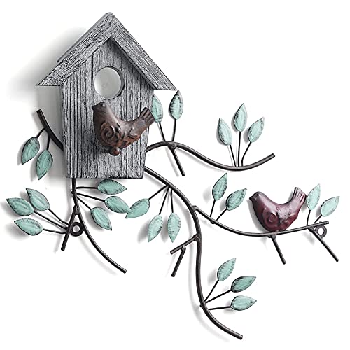 WPAJIRZO Wanddeko Metall, Wohnzimmer Deko Wandschmuck - Ast & Vogel mit Häuschen - Wandkunst Zweig mit Vögel, Wanddekoration für Garten Flur Terrasse Balkon