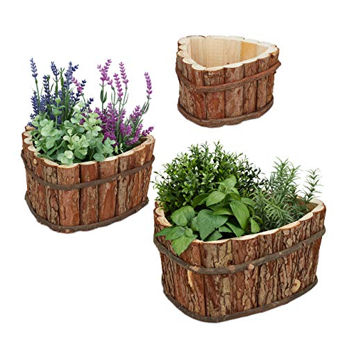 Relaxdays Blumenkasten Holz, 3er Set, Garten Deko zum Bepflanzen, Balkon und Fensterbank, Übertopf, 3 Größen, Natur