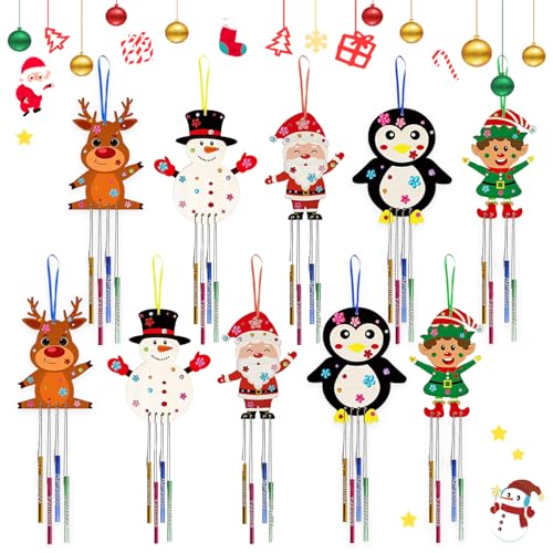 Feliciay 10 Stück Weihnachten Windspiel,Weihnachten Basteln Bastelset Kinder,Doppelseitig Holz zum Bemalen,Holz Weihnachtsdeko Bastel,für Outdoor Hängen und Kinder Handgemachte Kreativität