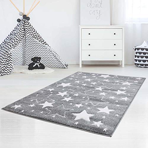 carpet city Kinderteppiche Sterne Motiv Grau 120x170 cm Glanzgarn Spielteppich