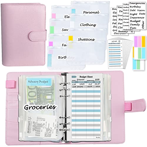 A6 Budgetplaner-Kit, geld organizer, leder ringbuch mit Geldumschlägen, Budgetminen, passenden Aufklebern und Etikett, 7,4x5,71' (Harphia, NPNB-140F-A6-Pink)