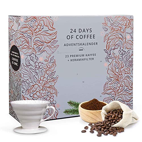 Erlebnis Kaffee Adventskalender 2022 'Filterkaffee'- mit Keramik Filter, Kaffee Bohnen gemahlen, Kaffee Geschenk und Probierset
