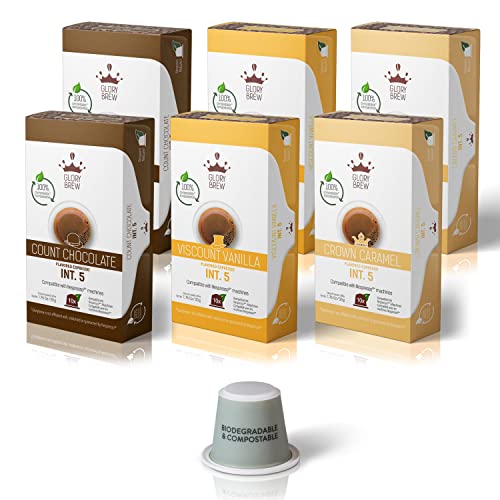 Glorybrew - 60 (3x20) kompatible Nespresso Kapseln I Vanille , Schokolade , Karamell I 100 % kompostierbare Kaffeekapseln