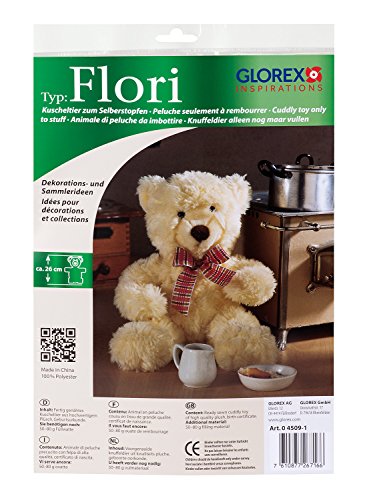 GLOREX 0 4509-1 - Kuscheltier zum Selberstopfen Teddy Flori, ca. 26 cm groß, aus hochwertigem Plüsch genäht, muss nur noch befüllt werden, mit Geburtsurkunde