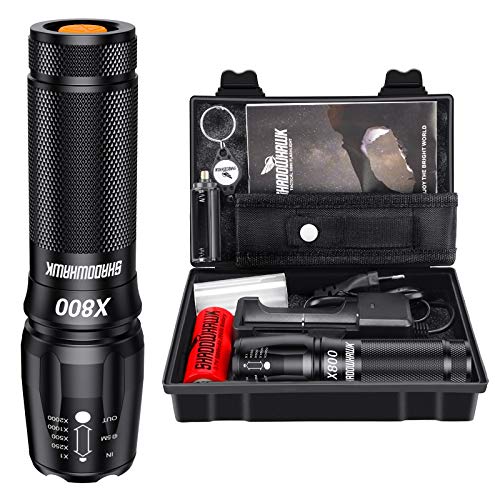 Shadowhawk X800 Led Taschenlampe, Super Helle 3000 Lumen Taschenlampen, Wiederaufladbare Taktische Taschenlampe mit Zoom für Camping, Wandern und Notfälle (mit 5000mah 26650 Batterie)