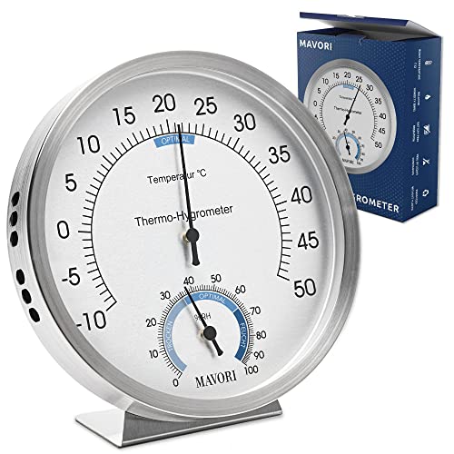 MAVORI® 2in1 Thermo Hygrometer - Thermometer innen analog - Temperatur & Luftfeuchtigkeitsmesser - Aus gebürstetem Edelstahl - Zimmerthermometer & Hydrometer für eine angenehme Raumtemperatur
