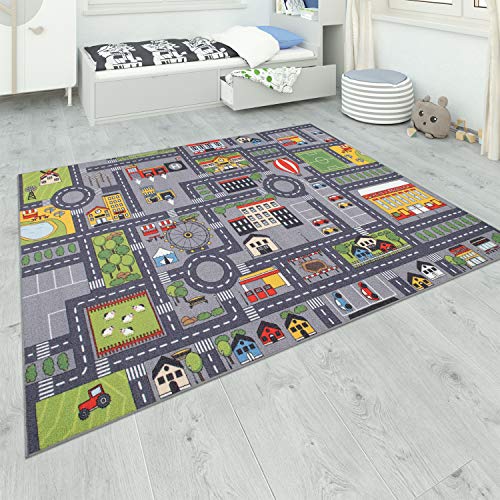 Paco Home Teppich Kinderzimmer Grau Kinderteppich Spielteppich Straßenteppich rutschfest Mädchen Jungs, Grösse:140x200 cm, Farbe:Grau 2