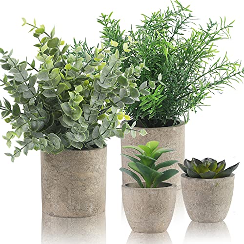 ALAGIRLS 4 Stück Künstliche Pflanzen, Mini Kunstpflanze Eukalyptus Rosmarin Sukkulenten mit Topf Schreibtisch Küche Badezimmer Garten Deko