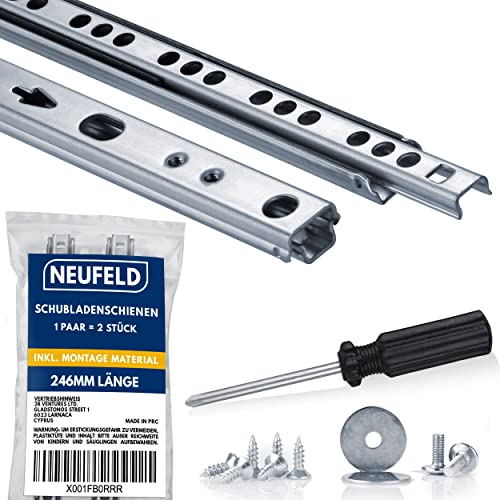 NEUFELD® Schubladenschienen 246mm - 17mm Nut (inkl. Montagematerial) - Schubladenauszug - Schubladen Schienensystem - Schienen für Schubladen