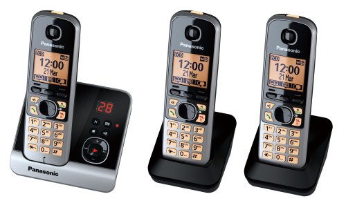 Panasonic KX-TG6723GB Trio Schnurlostelefon mit 2 zusätzlichen Mobilteilen (4,6 cm (1,8 Zoll) Display, Smart-Taste, Freisprechen, Anrufbeantworter) schwarz/silber