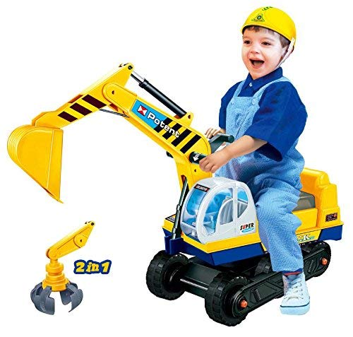 Dominiti e.K. Sitzbagger mit Zwei Schaufeln in gelb + Helm / Greifarm + Schaufel / Kinder-Fahrzeug / Rutscher / Bagger