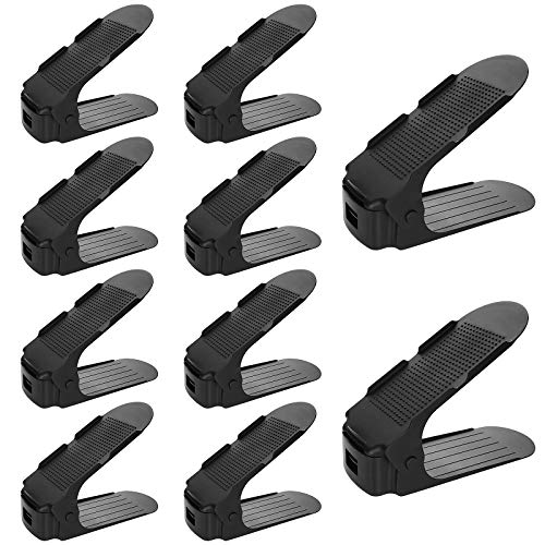 Femor 10 Stück Schuh Slots, Einstellbare Schuhregale, Schuhstapler/Schuhhalter Set, 3 höhenverstellbar, Platzsparend, rutschfest,Kunststoff-schwarz