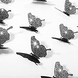 36 Stücke DIY Glitzer Schmetterling Kombination 3D Schmetterling Wandaufkleber Abziehbilder Haus Dekoration (Glitzer Schwarz)