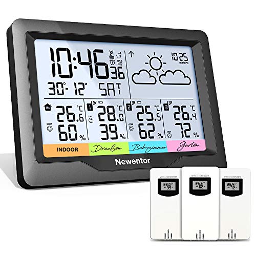 Newentor Wetterstation Funk mit 3 Außensensor Indoor Outdoor Thermometer Hygrometer DCF-Funkuhr Multifunktionale Funkwetterstation