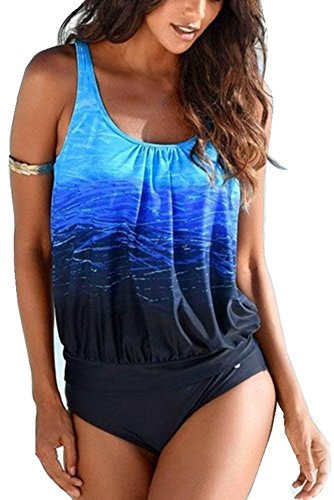 Sucor Damen Tankini große größen Bikini-Set zweiteilig Swimwear Beachwear Gedruckt Bademode (Blau, XXXL)