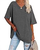 Ebifin Damen Oversize T Shirt mit V-Ausschnitt Kurzärmeliges Casual Lockere Basic Sommer Tee Shirts Bluse.Dunkelgrau.XL
