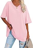 Ebifin Damen Oversize T Shirt mit V-Ausschnitt Kurzärmeliges Casual Lockere Basic Sommer Tee Shirts Bluse.Rosa.XXL