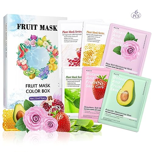 HOUSN 6 Stück Gesichtsmasken set,Tuchmasken Set für jeden Hauttyp, Tuch gesichtsmasken,Gesichtsmaske mit Pflanzenessenz,Feuchtigkeitsspendende, Pflegende, Geschenke für Frauen und Mütter