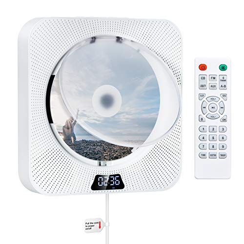 Gueray Tragbarer CD-Player mit Bluetooth Wandmontierbare CD Player für zu Hause, Heim-Audio-Lautsprecher mit Fernbedienung FM-Radio USB MP3, AUX-EIN/Ausgang der 3,5mm-Kopfhörerbuchse