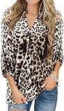 Damen Elegante Bluse Freizeit V-Ausschnitt Oberteile Kerbenhals Rolllaschenhülse Hemd T-Shirt (Leopard, L/EU 42-44)