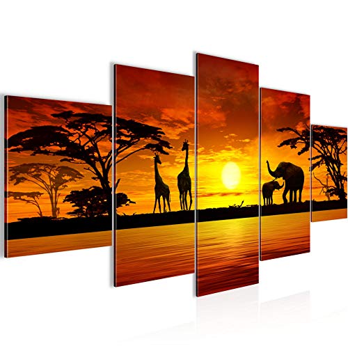 Wandbild Afrika Sonnenuntergang 200 x 100 cm Bild XXL Wohnzimmer Kunstdruck Elefant Orange 000251a