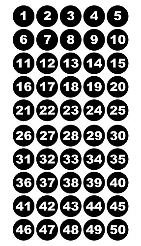 Runde Zahlenaufkleber 1-50, Vinyl - 30mm - weiße Zahlen auf schwarz