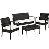 TecTake Poly Rattan Sitzgruppe, Gartenset mit 2 Stühlen, Bank + Tisch mit Glasplatte, Lounge Set für Garten, Terrasse und Balkon (Schwarz)