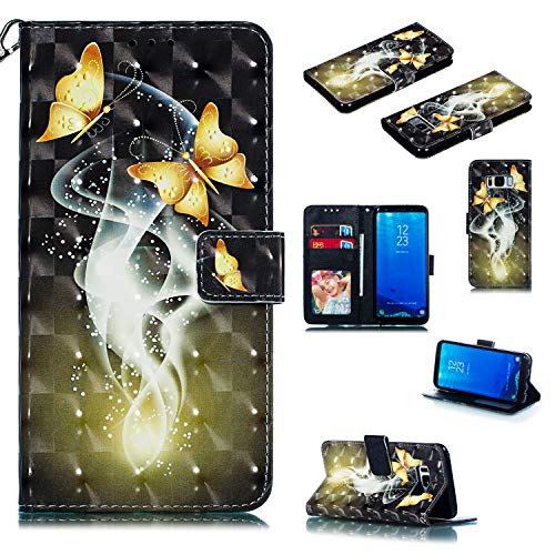 Nadoli Wallet Handyhülle für Galaxy S8,Kreative 3D Gold Schmetterling Muster Taljereep Ständer Flip Ledertasche Brieftasche Schutzhülle Etui für Samsung Galaxy S8
