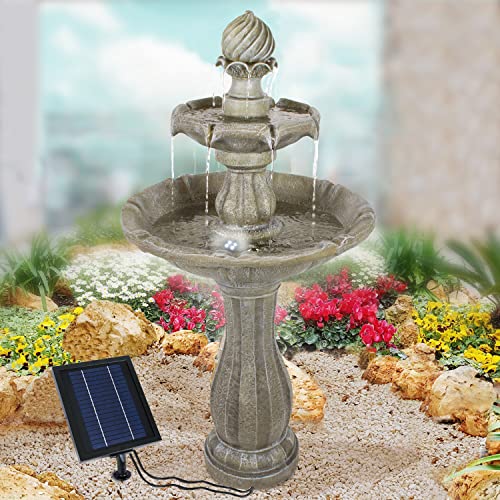 Solar Gartenbrunnen Brunnen Solarbrunnen mit LED-Licht, Zierbrunnen Wasserfall Gartenleuchte Teichpumpe für Terrasse, Balkon, mit Pumpen, mit Liion-Akku (Klassik-Garten)