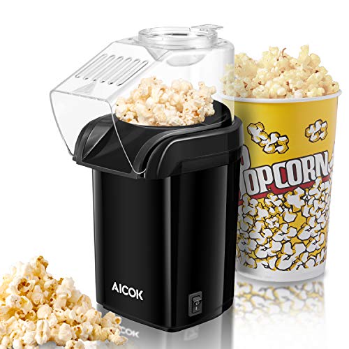 AICOK Popcornmaschine, Popcorn Maker Machine für Zuhause, Heissluft Popcornmaker Ohne Fett Fettfrei Ölfrei, Messlöffel, 1200W Popcorn Popper, Schwarz
