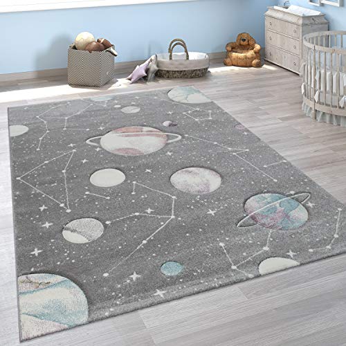 Paco Home Kinder-Teppich, Spiel-Teppich Für Kinderzimmer Mit Planeten Und Sternen, In Grau, Grösse:140x200 cm