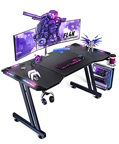 RGB Gaming Schreibtisch 140cm mit Fernbedienung mit LED-Beleuchtung Belastbar Arbeitstisch Gaming-Tisch Gaming-PC Computertisch Mit Getränkehalter und Kopfhörerhaken