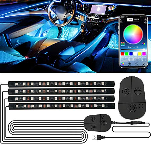 Auto LED Innenbeleuchtung, 48LED RGB-Streifen mit Verbesserter APP und Kontroller Atmosphäre Licht, Wasserdicht Mehrfarbige Musik Auto Fußraumbeleuchtung Strip Kit, Starker Klebstoff, 5V USB-Anschluss
