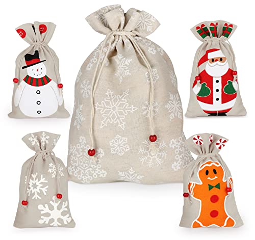 Homewit Weihnachten Beutel Geschenkverpackung Tüten, 5PCS Weihnachten Säckchen, Weihnachtsmann Sack in Zwei Größen für Süßigkeits Geschenke Dekorationen, Schneeflocken, Lebkuchenmann, Schneemann