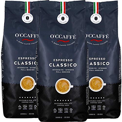 O'CCAFFÈ – Espresso Classico | 3 x 1 kg ganze Kaffeebohnen | starker, intensiver Kaffee mit feiner Haselnuss Note | Barista-Qualität aus italienischem Familienbetrieb