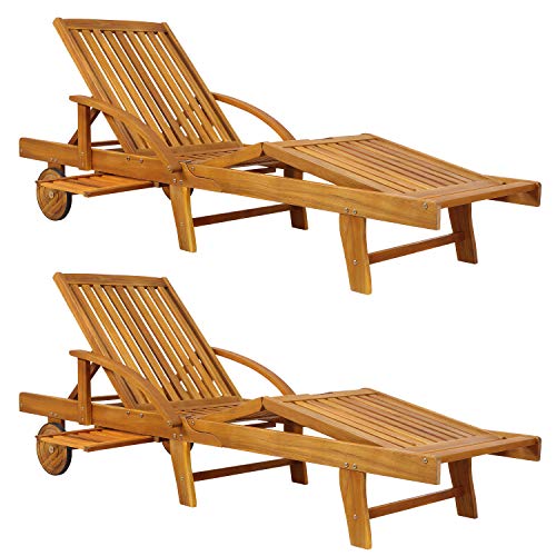 Casaria 2X Sonnenliege Tami Sun Akazien Holz verstellbar Tisch ausziehbar klappbar 160kg belastbar Garten Liege Klappliege Holzliege Liegestuhl Räder