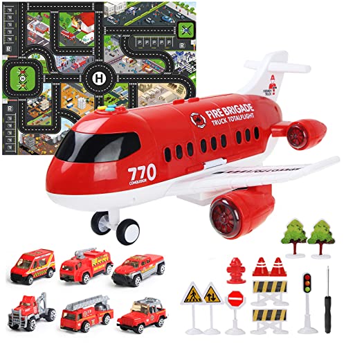 Coolplay Flugzeug Spielzeug Auto Set, 1 Groß Flugzeug 6 Feuerwehrauto mit Verkehrsschilder Spielzeug für ab 3-6 Jahre Junge Kinder