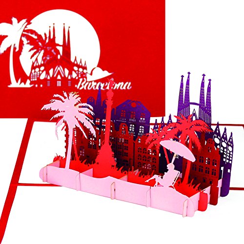 Grußkarte „Barcelona“ - 3D Pop Up Karte mit Skyline & Sagrada Familia – Städtekarte als Souvenir, Einladung & Reisegutschein zum Spanien Urlaub & City Trip Barcelona